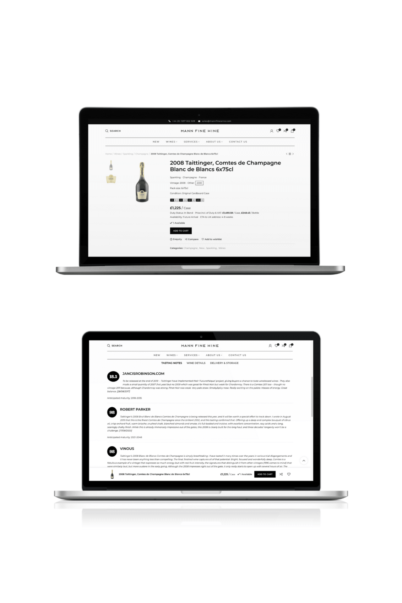 Wine ecommerce - rich content page with bottle shots, critics scores, duty status, etc.